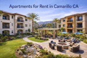 Camarillo CA apartment courtyard with outdoor seating and landscaped garden