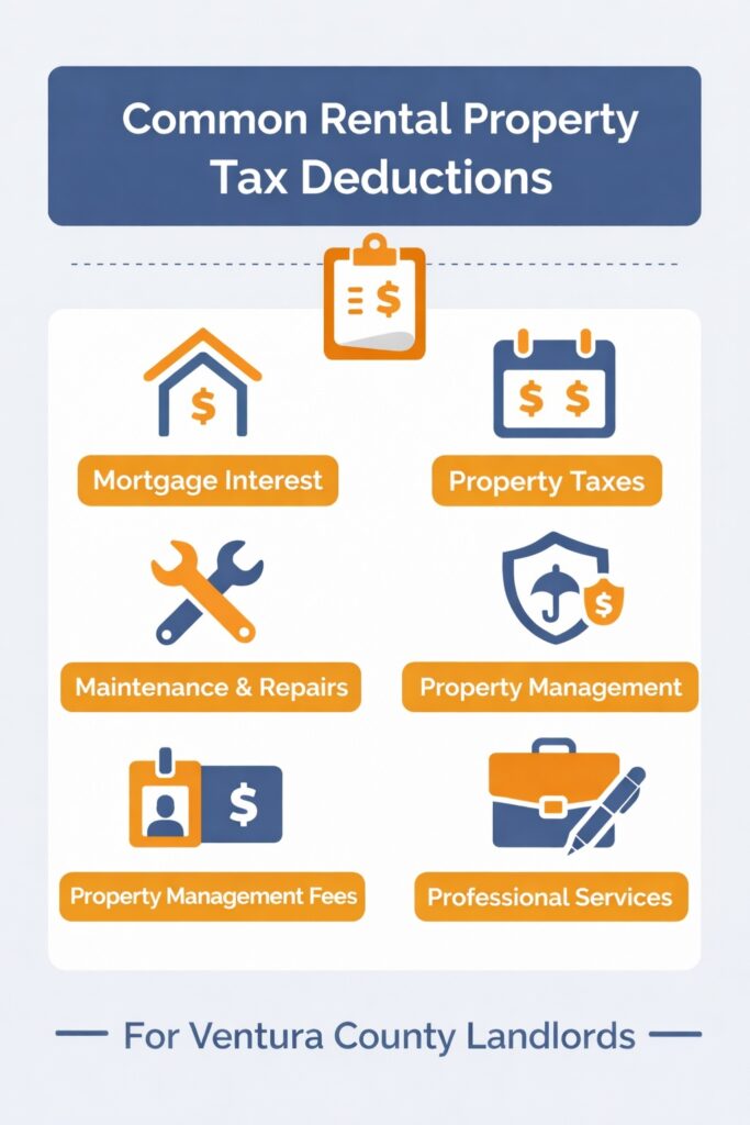 Common tax deductions for Ventura County rental property owners including mortgage interest property taxes maintenance and management fees.
