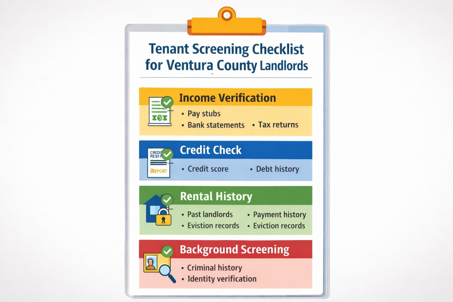 Ventura County tenant screening checklist showing income verification credit check rental history and background screening steps