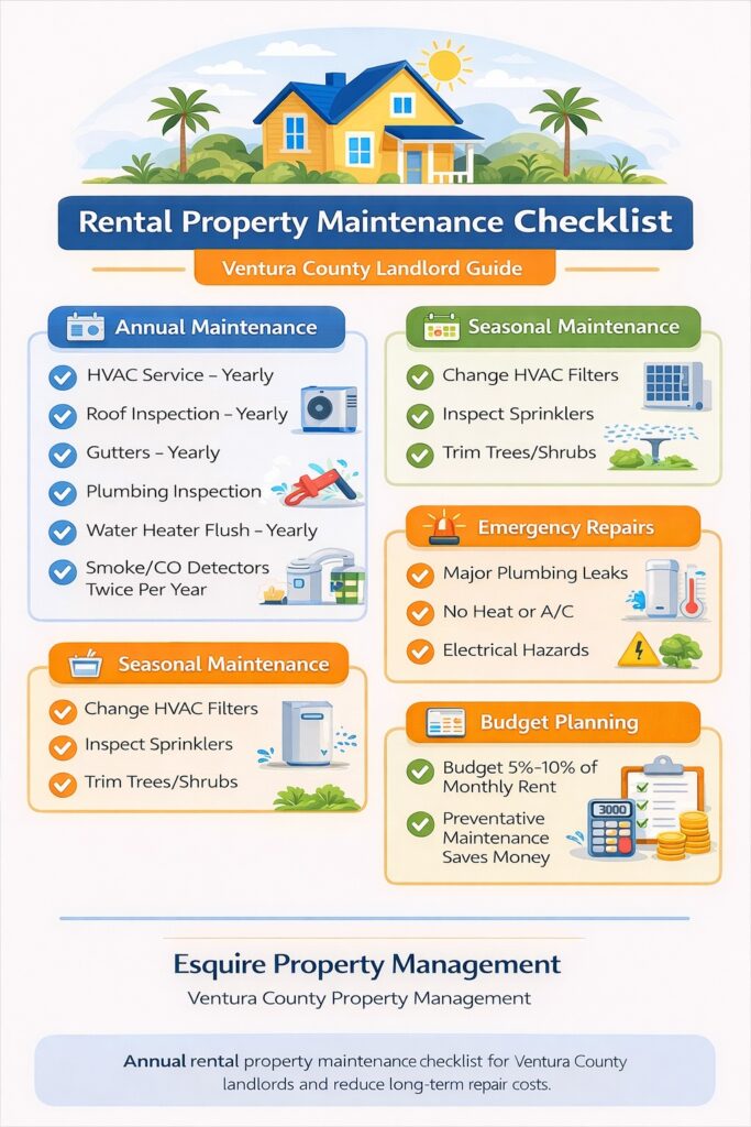 Ventura County rental property maintenance checklist for landlords including annual maintenance, seasonal maintenance, emergency repairs, and maintenance budgeting.
