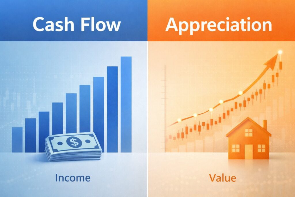 Cash flow vs appreciation real estate investment strategy comparison in Ventura County