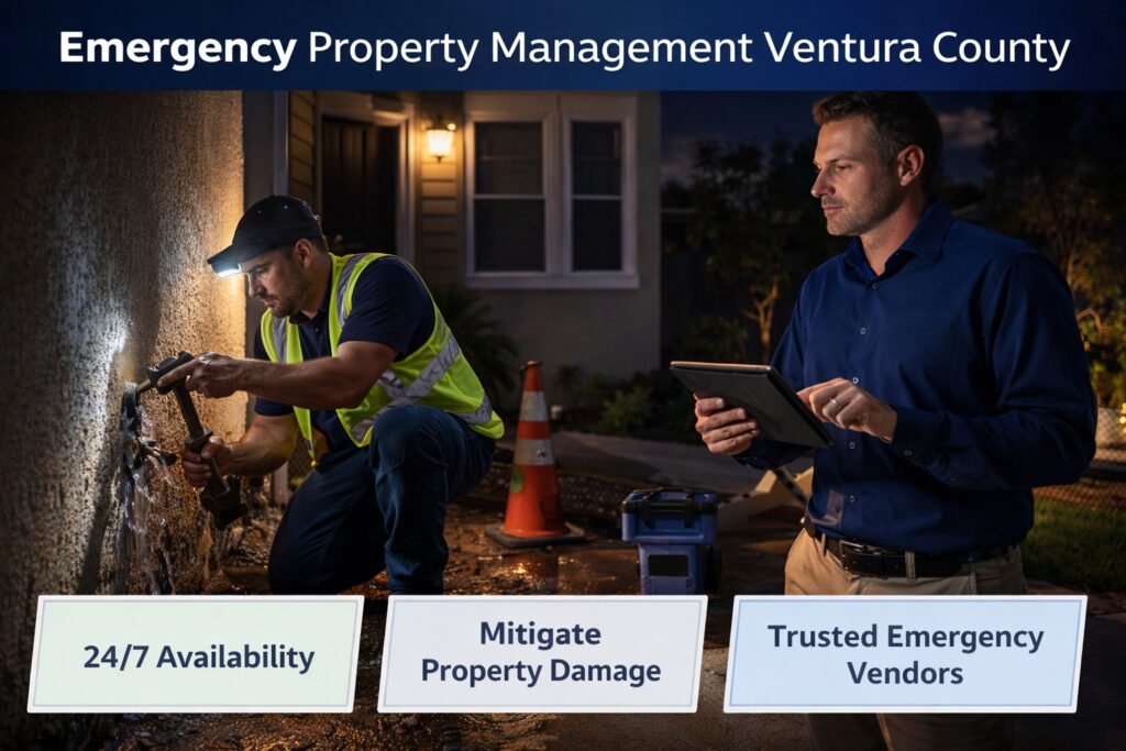 Emergency property management Ventura County technician repairing water leak at night