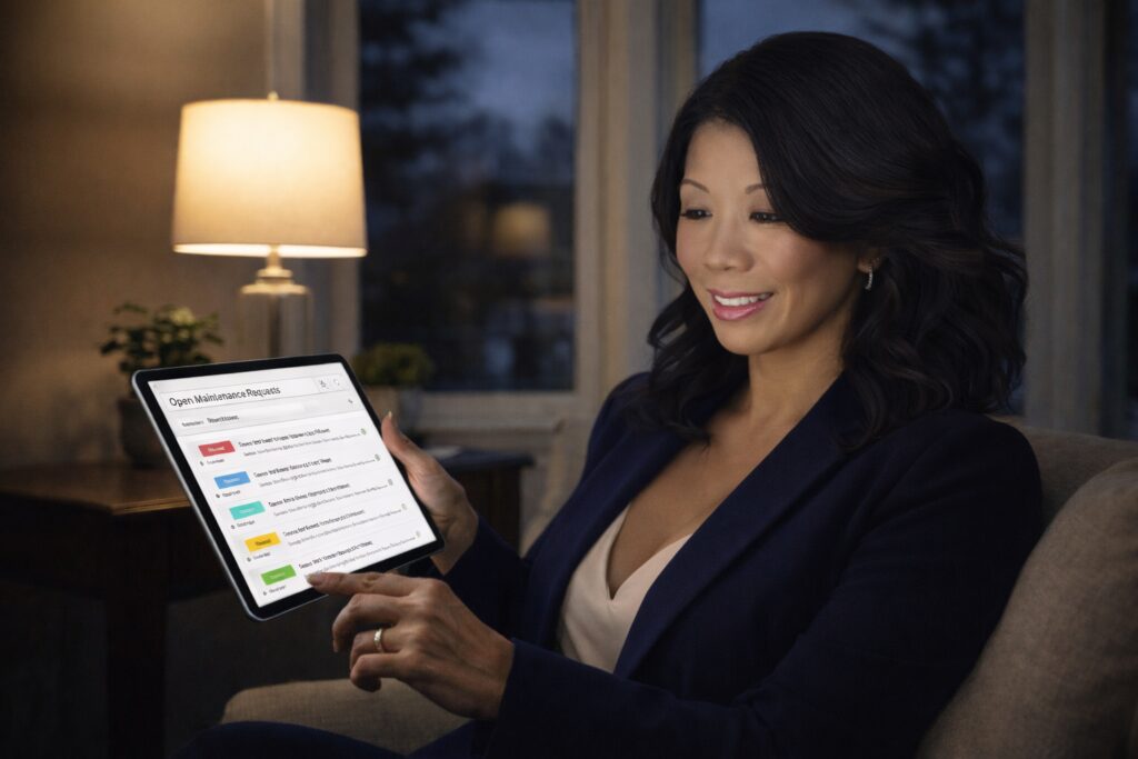 maintenance requests Ventura County property manager reviewing repair workflow on tablet