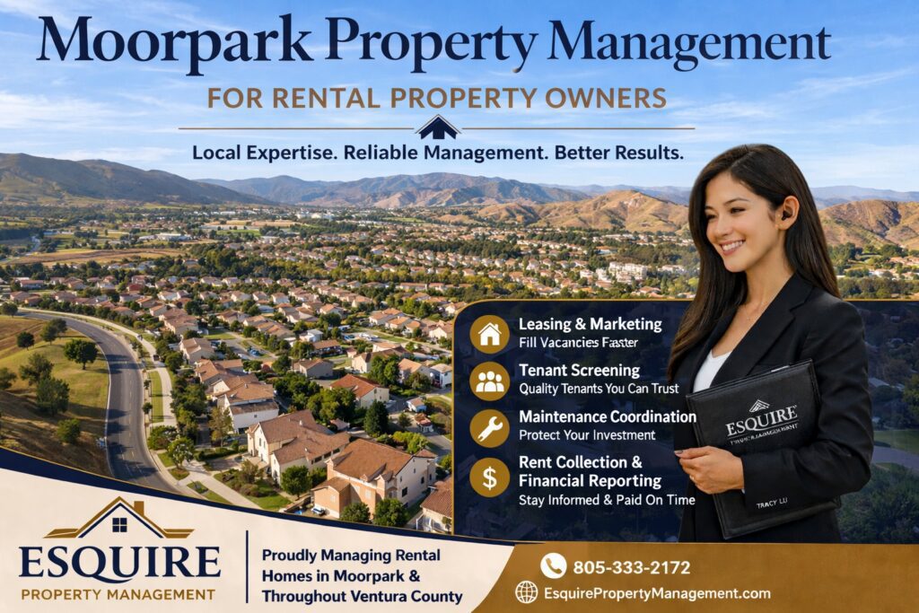 Moorpark property management aerial view of suburban homes and hills in Moorpark California