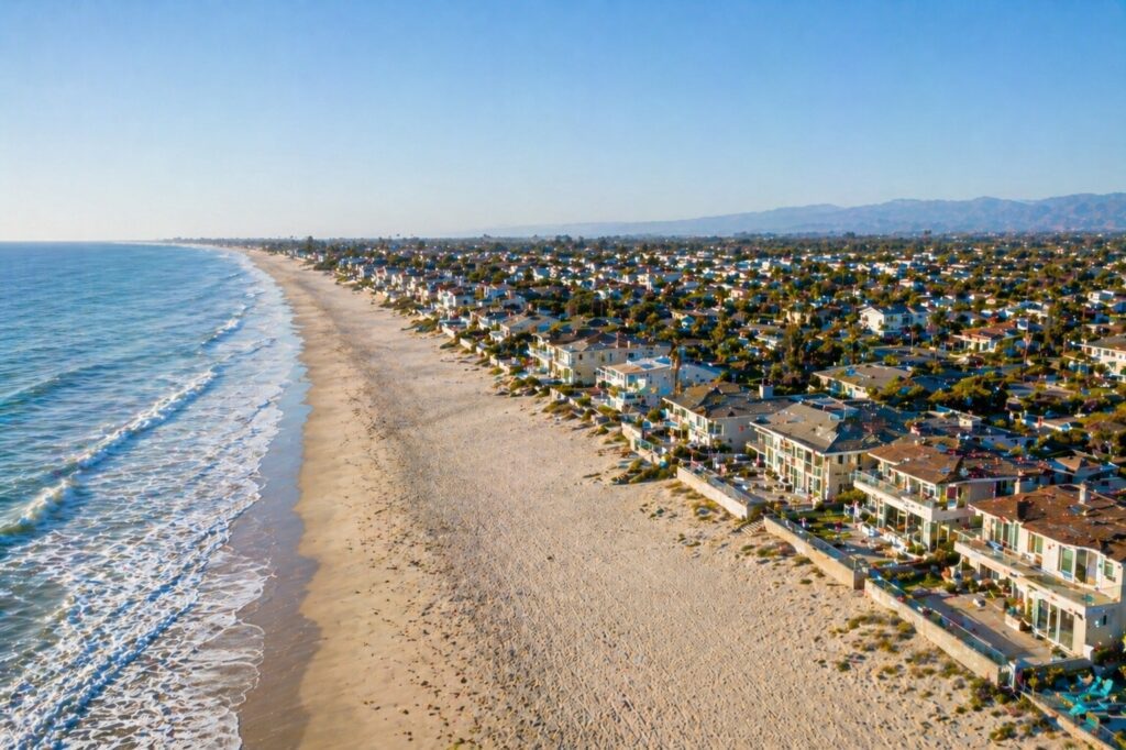 Oxnard beachfront homes along quiet sandy coastline showing local rental property demand