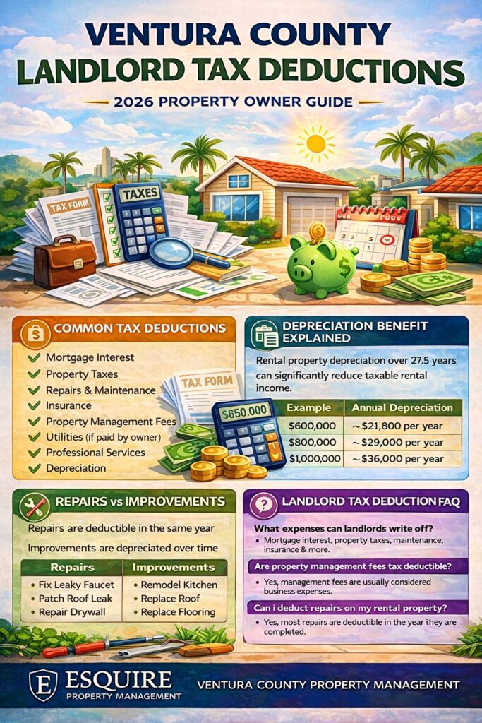 Ventura County landlord tax deductions infographic showing rental property tax write offs, depreciation, repairs vs improvements, and tax benefits.