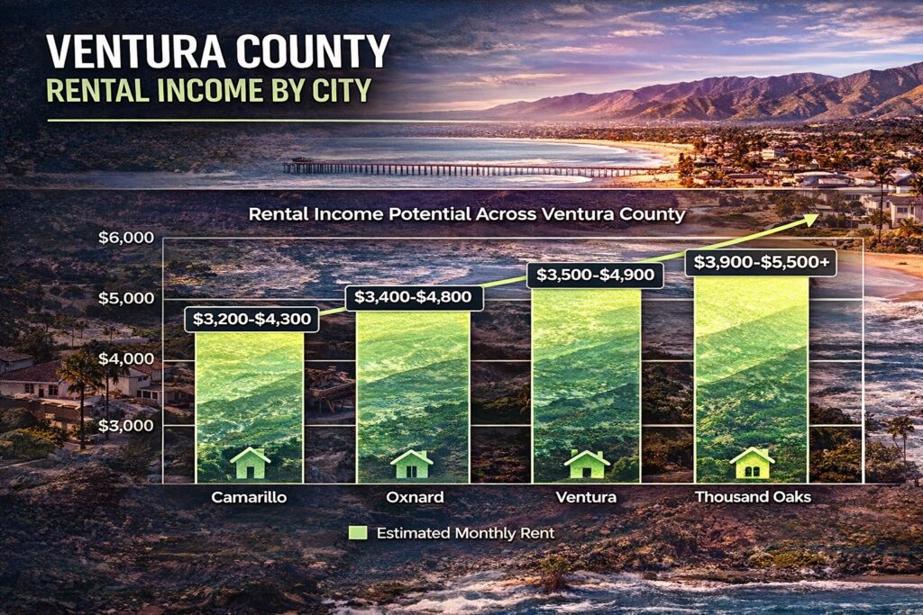 Ventura County rental income by city chart comparing Camarillo Oxnard Ventura and Thousand Oaks rental ranges