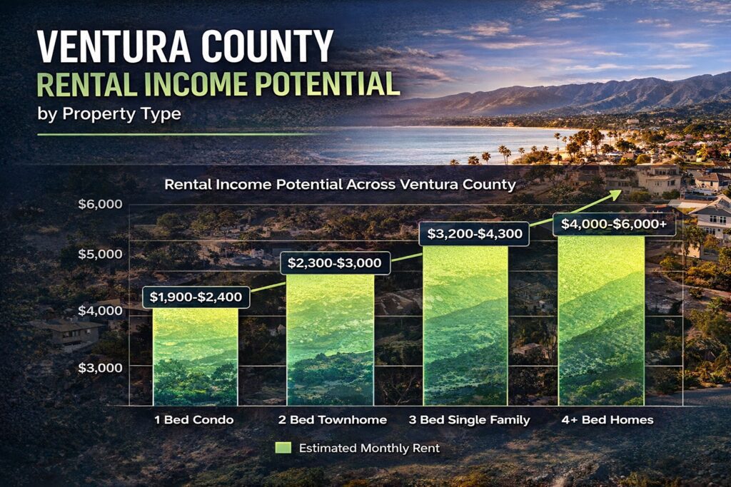 Ventura County rental income potential chart by property type showing rent ranges for condos townhomes and single family homes