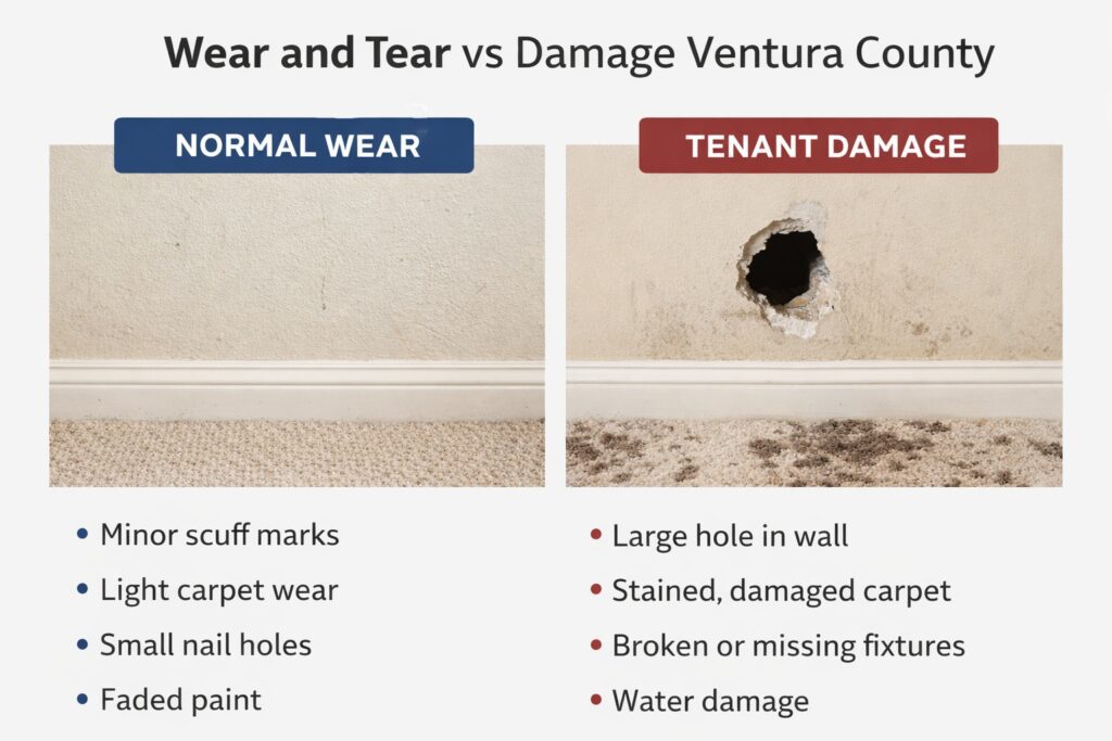 wear and tear vs damage Ventura County comparison showing normal wear and tenant damage examples in rental property
