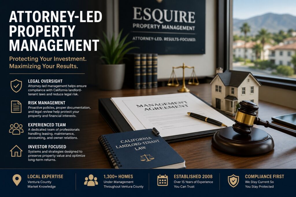Attorney-led Ventura County property management office featuring landlord compliance, California rental law, leasing systems, and investor-focused management