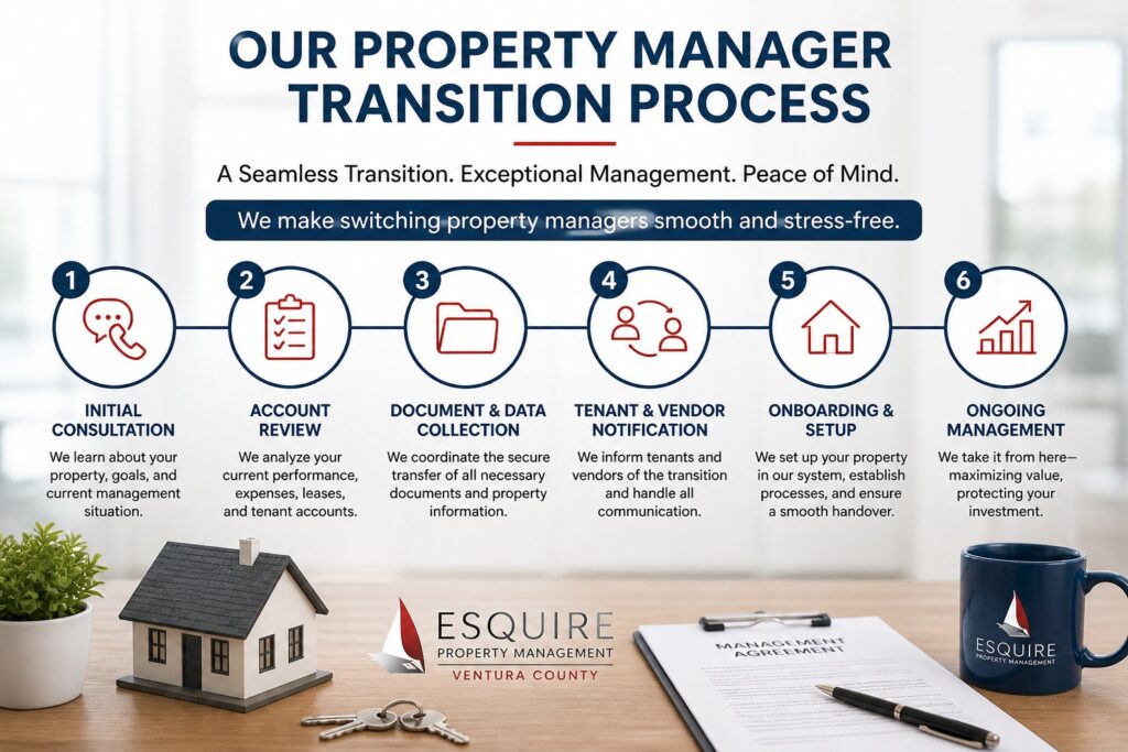 Ventura County property manager transition process infographic showing steps from consultation to onboarding and ongoing management