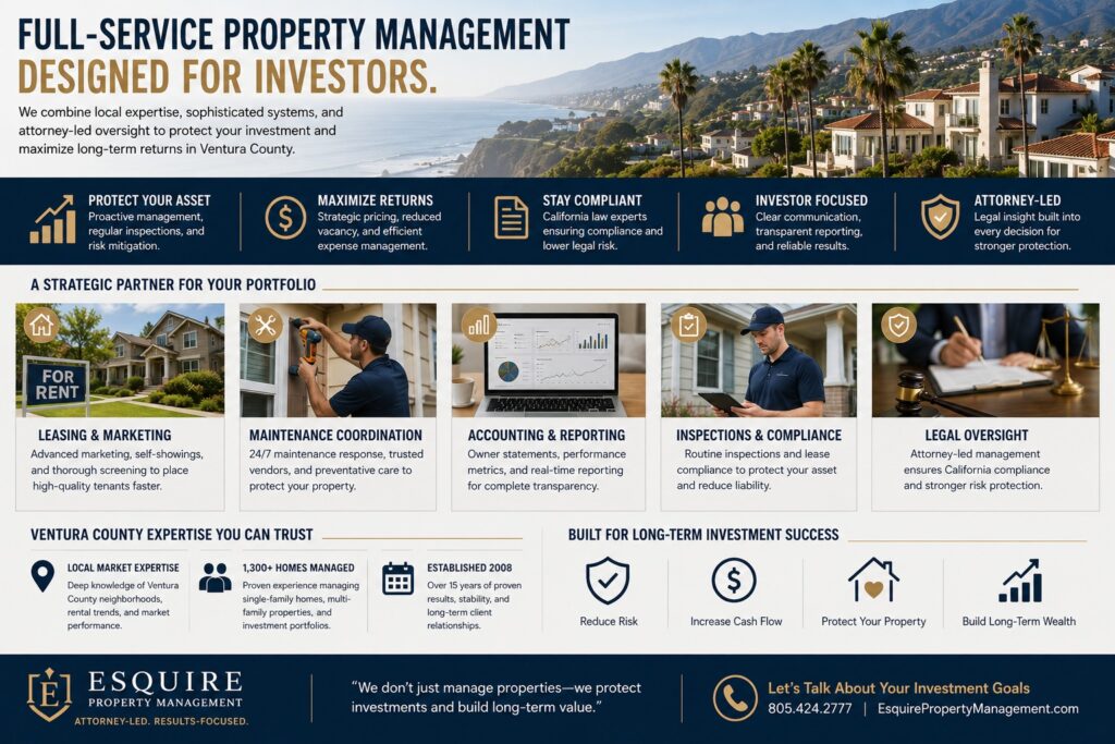 Investor-focused Ventura County property management featuring leasing systems, maintenance coordination, accounting, inspections, and attorney-led oversight