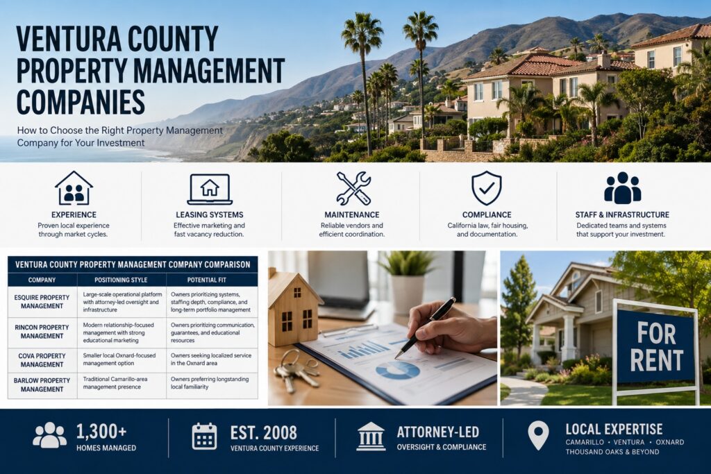 Ventura County property management companies comparison guide featuring leasing systems, maintenance coordination, attorney-led oversight, and landlord resources