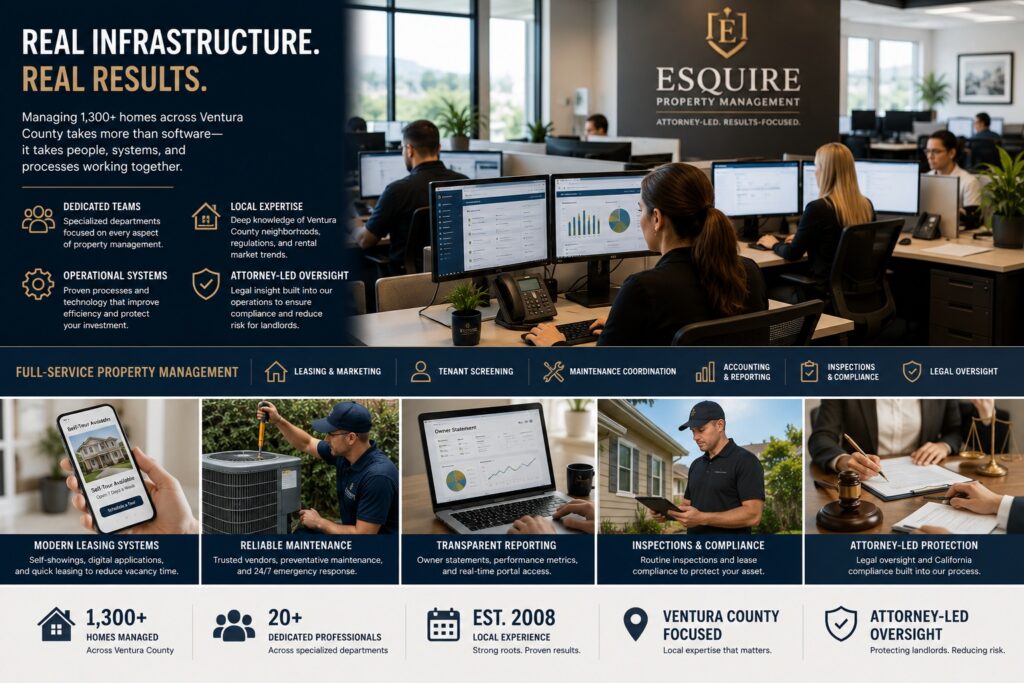 Ventura County property management operational infrastructure featuring leasing systems, maintenance coordination, inspections, accounting, and attorney-led oversight