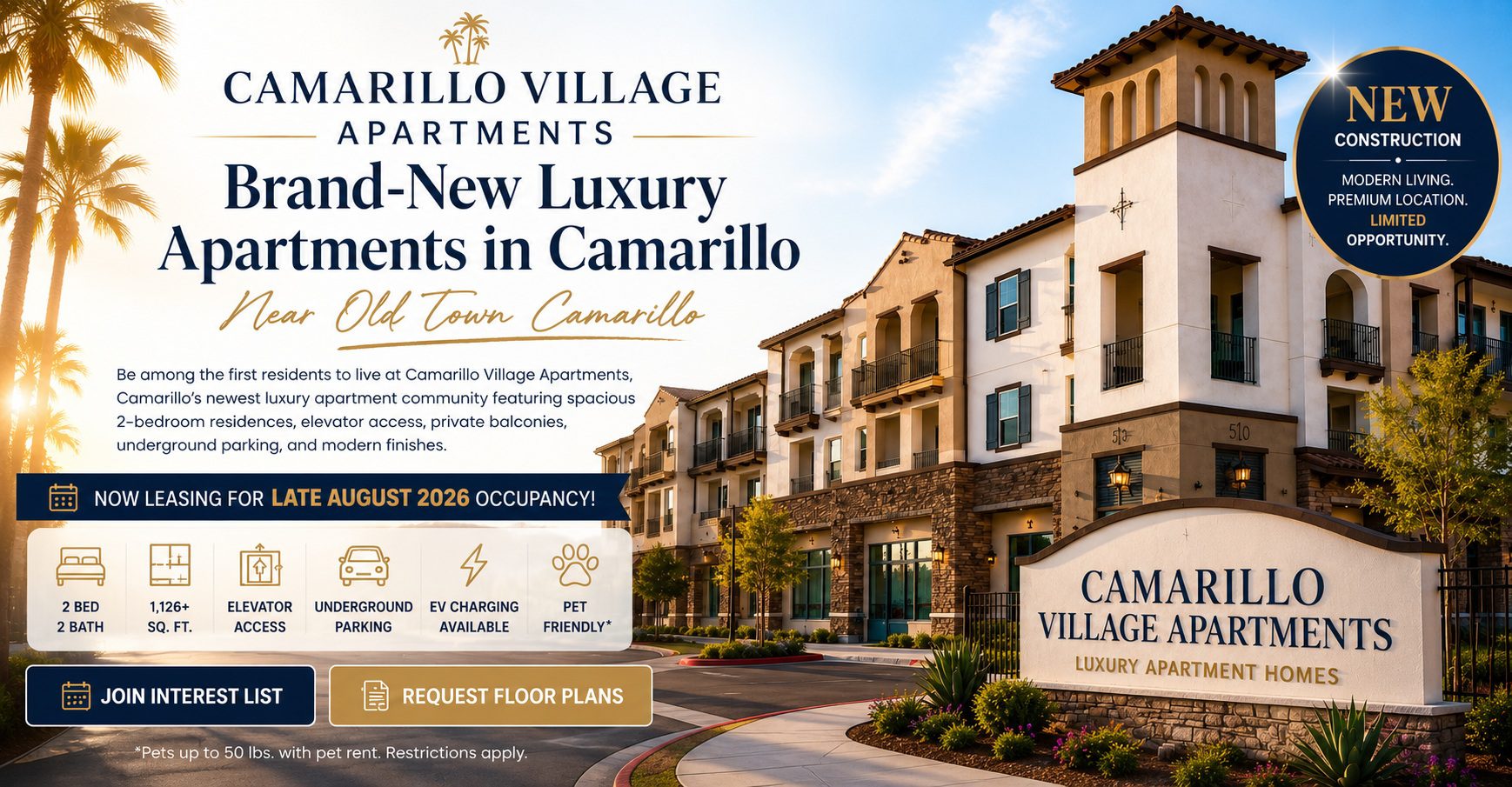 Camarillo Village Apartments in Camarillo California featuring brand-new luxury 2-bedroom apartment homes with elevator access, underground parking, private balconies, and modern amenities.