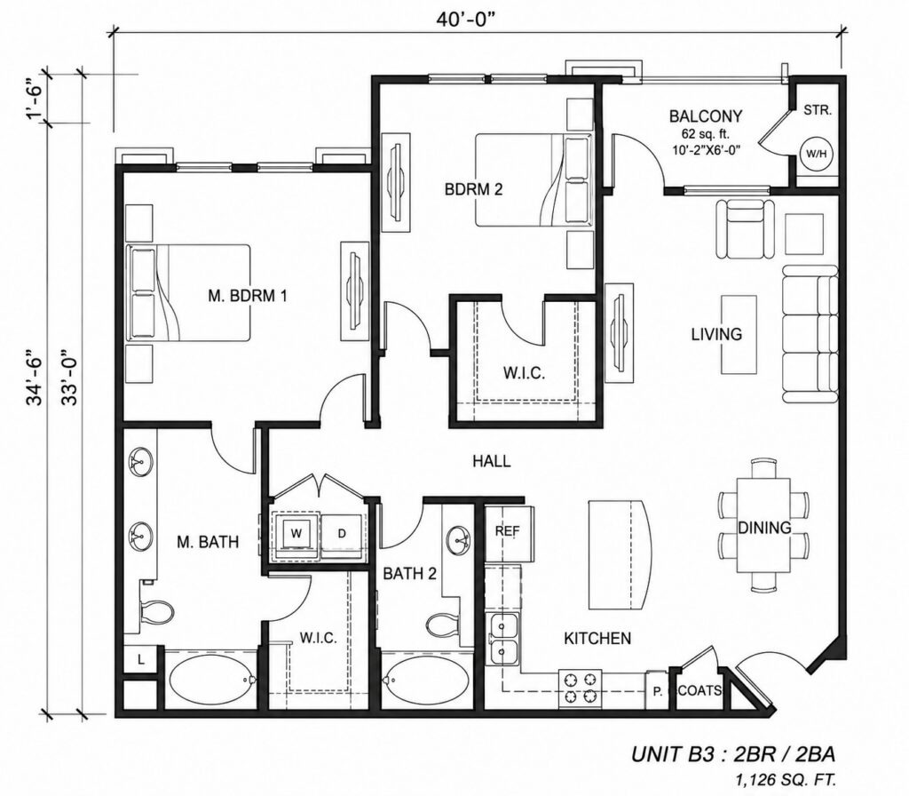 Palmera Apartments Camarillo Unit B3 floor plan featuring 2 bedrooms, 2 bathrooms, private balcony, and 1,126 square feet.