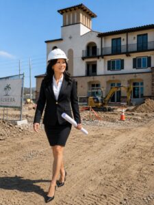 Tracy Guillen of Esquire Property Management inspecting construction progress at Camarillo Village Apartments, a new luxury apartment community in Camarillo, California.